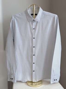 Robert Barakett Men's White Dress Shirt with Navy Micro-Pattern size XL